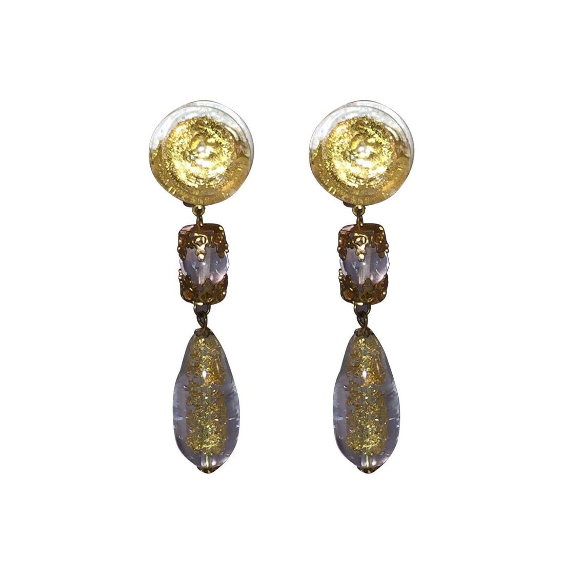 Venetian Art Glass 24 kt Gold Bead Dangle Earrings: Venetian art glass with 24 kt gold foil bead dangle earrings, hand made beads with no two exactly a like in the world. Circa 1960's. Earrings measure 3" long by 3/4" wide. Clip on earrings. Great move