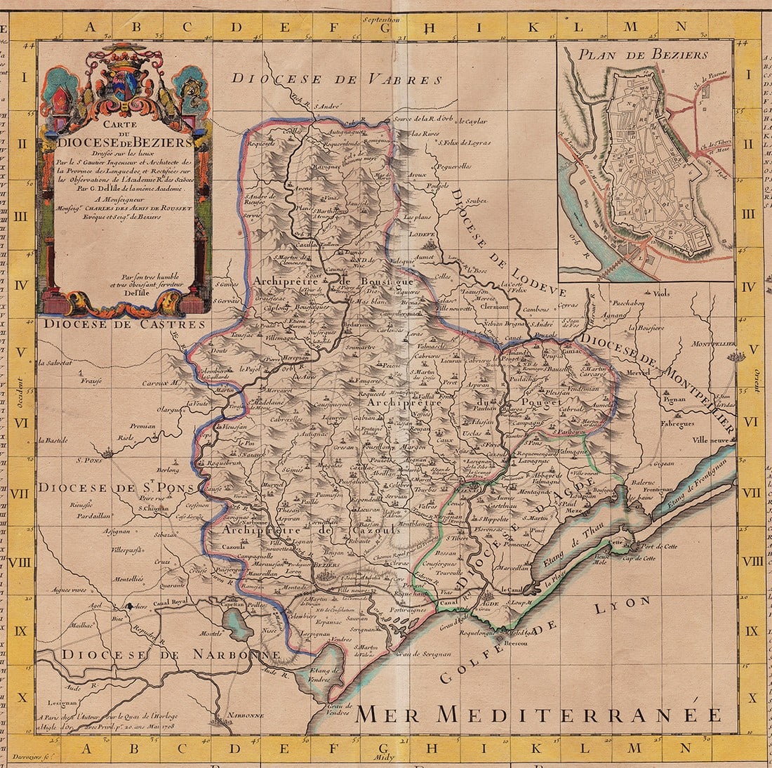1708 De L’isle map of Beziers (Languedoc wine region): An authentic early 18th century map of the oldest wine-growing region in France. An ideal map to display in a wine-tasting area of the home. Attractive 1708 Guillame Delisle map of the Diocese of Bezi