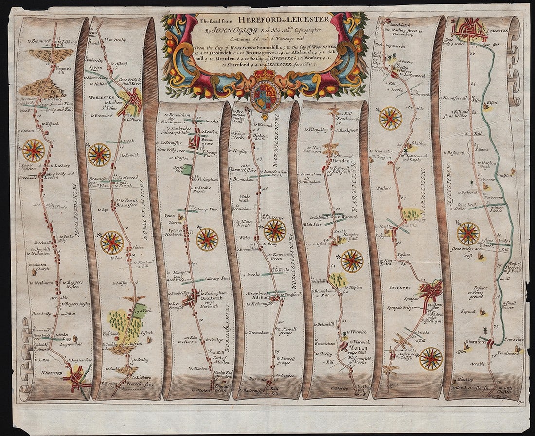 Ribbon map of Road from Hereford to Leiscester, Ogilby c1675 (1 of 5)