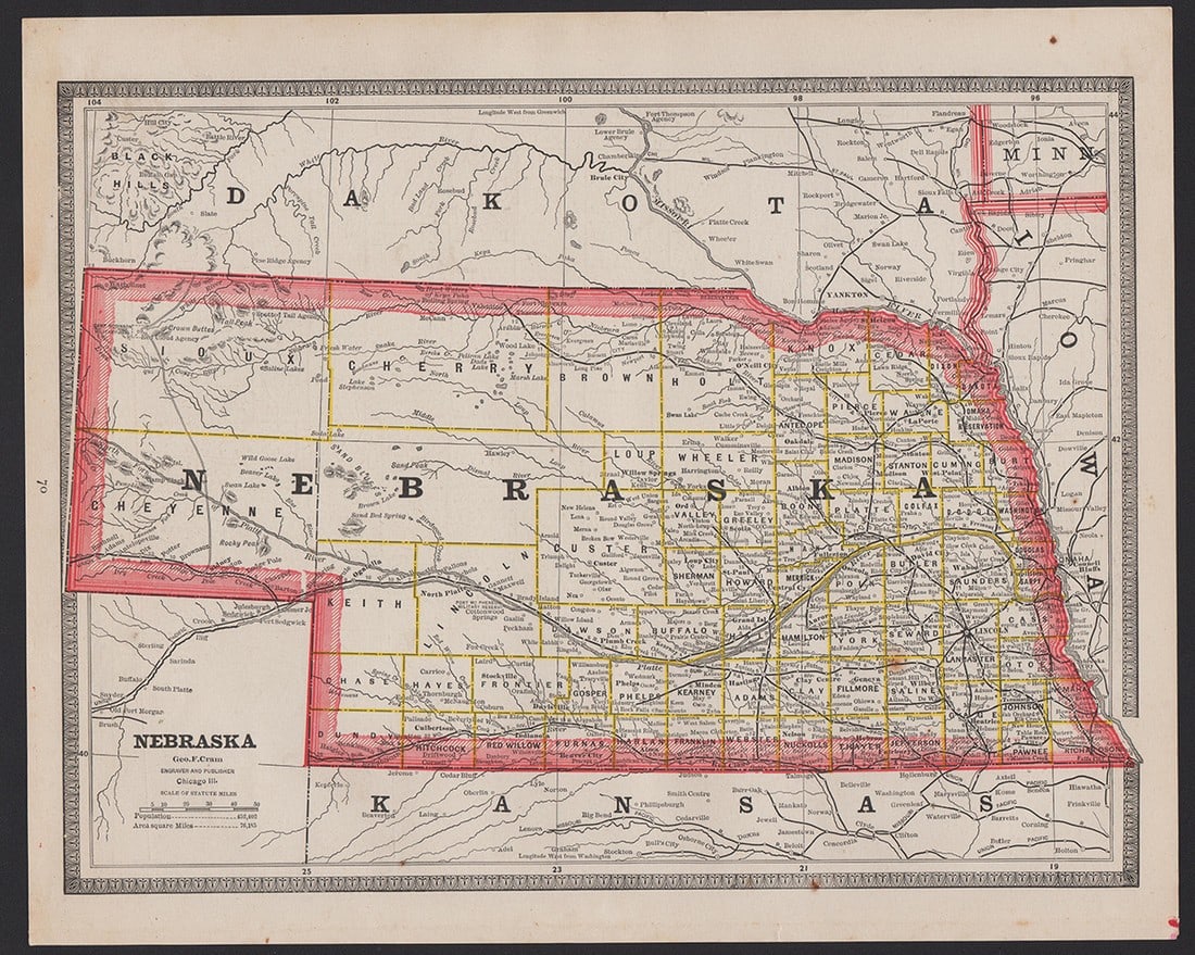 True 1st ed. RR map of Nebraska by Geo. F. Cram - 1883 (1 of 3)