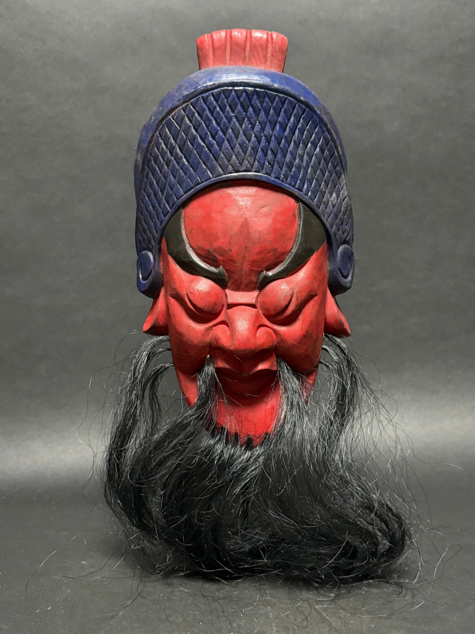 Rare Chinese opera mask with animal hair beard: Ancient Chinese hand carved opera mask with animal hair beard, rarely offered. With masks, audience is able to read character of a role at one glance. That is possible because of strict symbolism of c