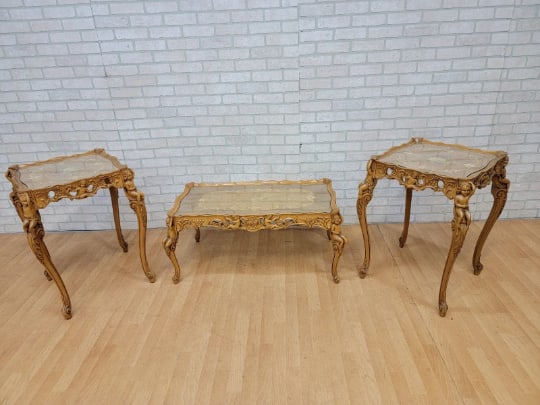 Antique Italian Rococo Inlaid Marquetry Top Hand Carved Figural Cherub Leg Side Tables and Coffee: Antique Italian Rococo Inlaid Marquetry Top Hand Carved Figural Cherub Leg Side Tables and Coffee Table - 3 Piece Set Circa Early 20th Century Dimentions Coffee Table H 18" W 27.5" D 20" Side Tables H