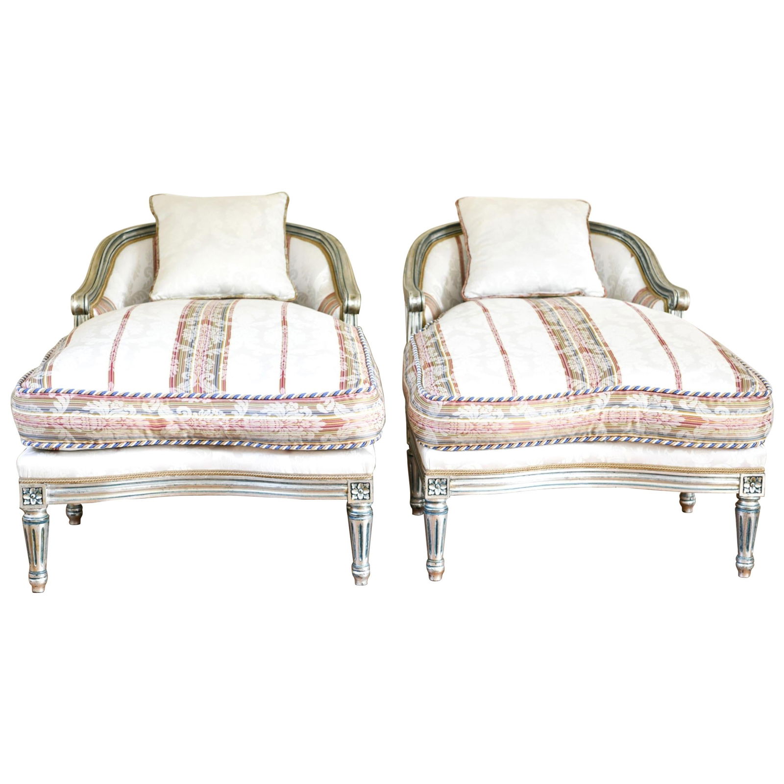 Jansen Inspired, Hollywood Regency, Chaise Louges, Painted Wood, Silver, 1950s: About the Item Hollywood Regency Louis XVI style chaise lounges or extended marquees. The pair in a fine French painted and parcel gilt silver decorated frame with an exquisite matching fabric. Having