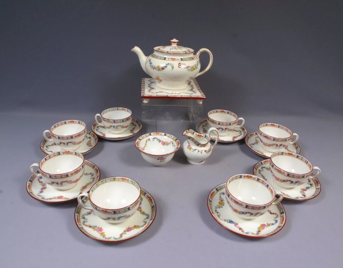 Minton Rose Antique Older Coffee Tea Set Trivet Teapot Creamer Sugar Cups A4807: This is a rare and gorgeous Coffee/Tea set with Teapot, creamer, sugar bowl from the older version of the famous Minton rose pattern. This is a very rare full set and very hard to find. The set is pro