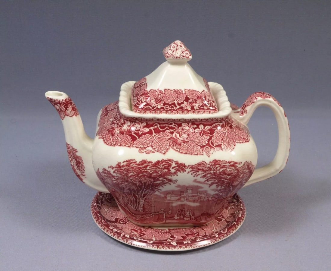 Mason's VISTA Red Tea pot Teapot Coffee Pot with Trivet England Vintage: This is rare and hard to find LARGE Teapot/Coffee pot with trivet. The pot is in VISTA pattern by Mason's made in England . The Teapot is 8" tall to the top of the finial and it is 9" from handle to t