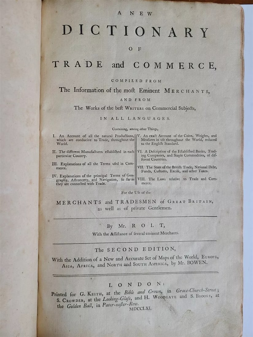 1761 NEW DICTIONARY OF TRADE & COMMERCE R. ROLT antique FOLIO ILLUSTRATED w/MAPS (1 of 10)