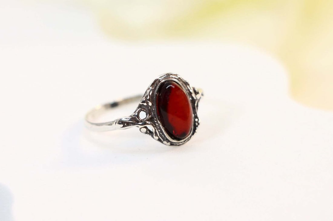 Natural Baltic Cherry Amber Victorian Style Ring In 925 Sterling Silver (1 of 3)