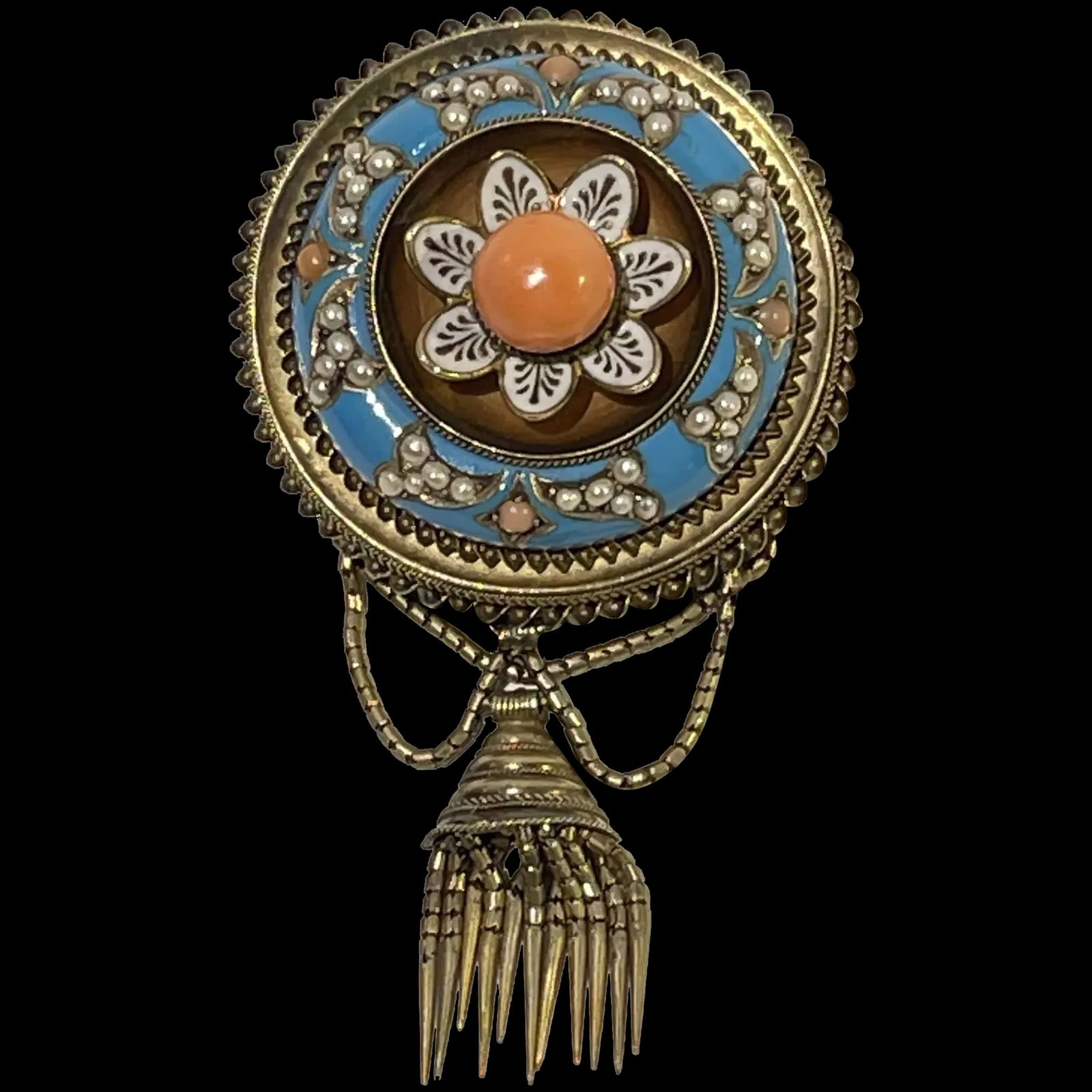Etruscan Victorian 18K Gold Enamel Turquoise Coral Pin (1 of 12)