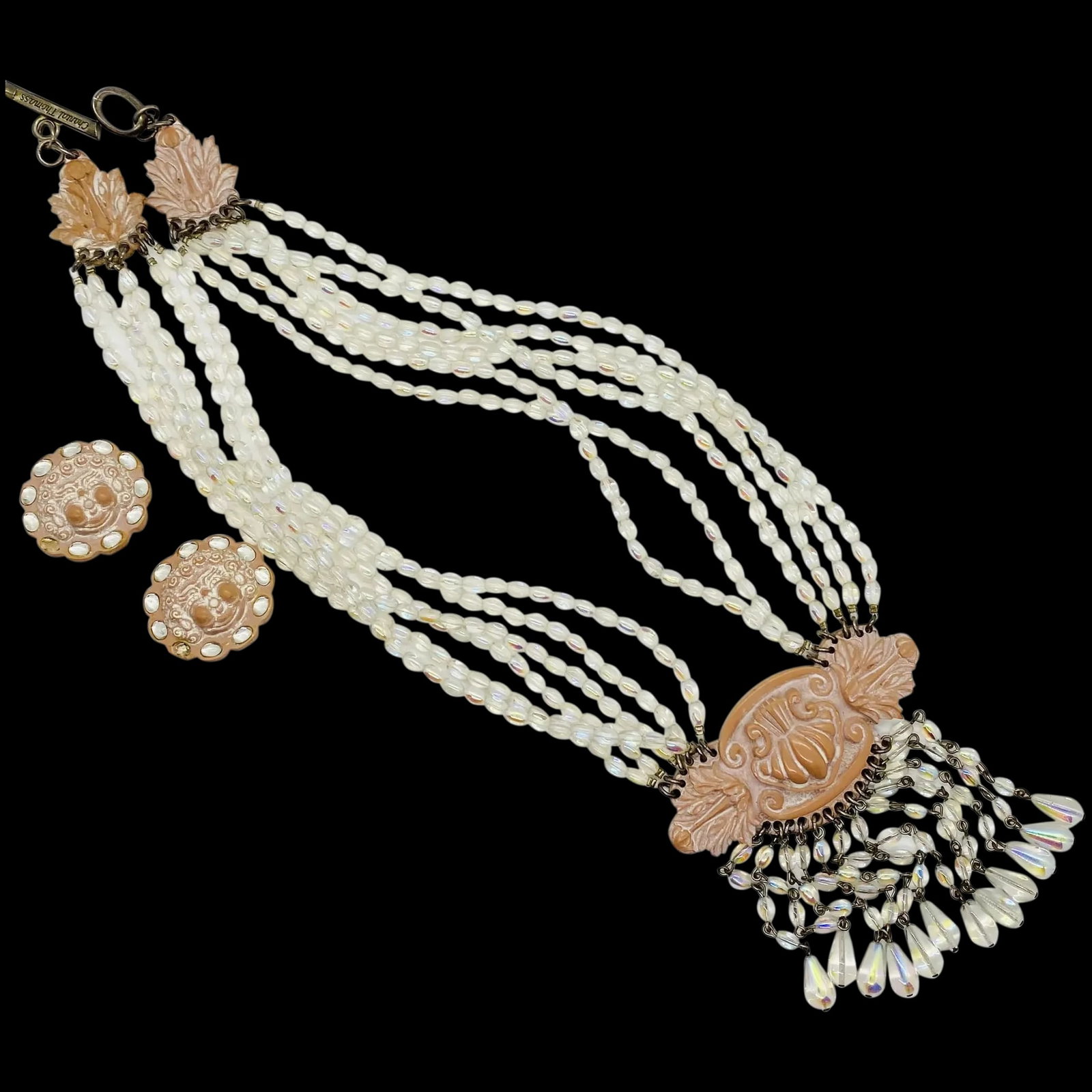 Rare Chantal Thomass Iridescent Glass Beaded Necklace and Earrings Set: Rare Chantal Thomass Glass Iridescent Necklace Set Very Rare High Quality the necklace is in great condition some minor wear consistent with age and use the earrings are in good condition they are unf