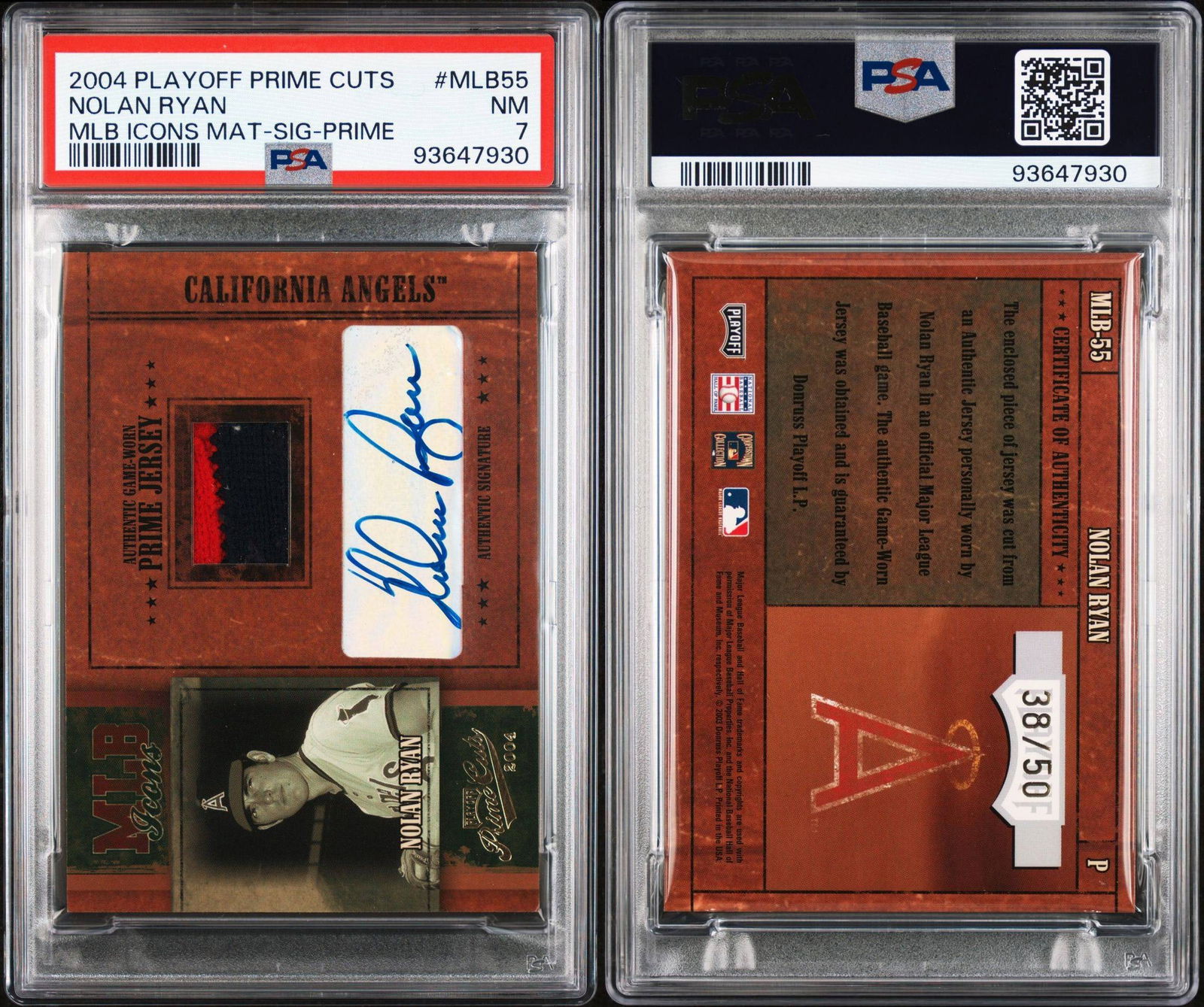 2004 Playoff Prime Cuts Mlb Icons Material Nolan Ryan MLB55 Mlb Icons Mat-Sig-Prime PSA NM 7 (1 of 3)