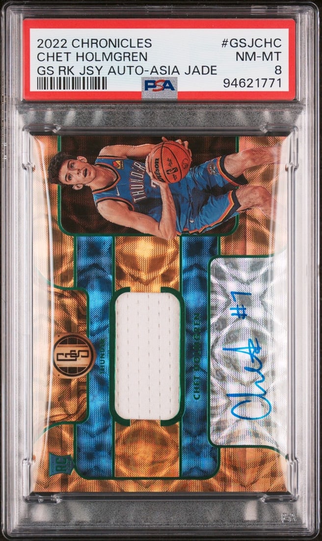 2022 PANINI CHRONICLES GOLD STANDARD ROOKIE JERSEY AUTOGRAPHS GSJCHC CHET HOLMGREN ASIA JADE PSA 8: 2022 PANINI CHRONICLES GOLD STANDARD ROOKIE JERSEY AUTOGRAPHS GSJCHC CHET HOLMGREN ASIA JADE PSA 8 Cert #94621771 Reserve: $50.00 Shipping: Domestic: Flat-rate of $5.00 to anywhere within the con