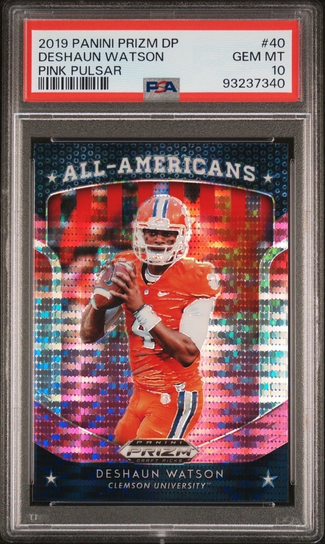 2019 Panini Prizm Draft Picks Deshaun Watson 40 Pink Pulsar PSA GEM MT 10: 2019 Panini Prizm Draft Picks Deshaun Watson 40 Pink Pulsar PSA GEM MT 10 Cert #93237340 Reserve: $50.00 Shipping: Domestic: Flat-rate of $5.00 to anywhere within the contiguous U.S. Internationa