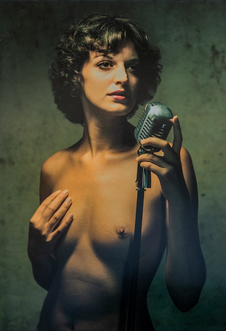 JANEZ VLACHY - Female Figure at Mic: Artist: Janez Vlachy Title: Female Figure at Mic Date: Photo Litho, 2006, Hong Kong Dimensions: 9.25x13.3" Description: Heat Wax Mounted on 12x16" Conservation Board Reserve: $35.00 Shipping: Domestic