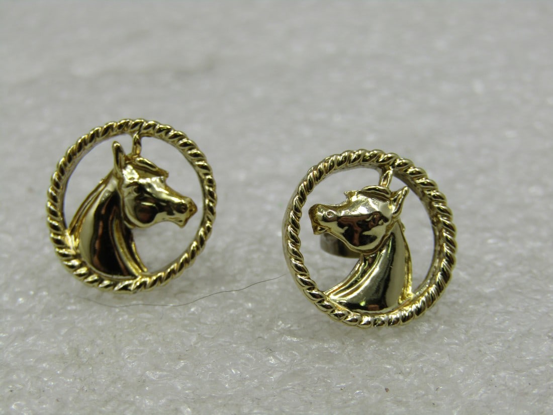 Vintage Horsehead Stud Earrings, Gold Tone: Vintage Horsehead Stud Earrings, Gold Tone, appx. 1/2" with gold etched frame and open in the center and a horse head in the center. Not signed by the maker. Very good condition. Great for the equestr