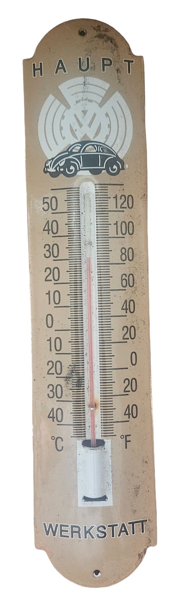 Rare Vintage Volkswagen Werkstatt 12" Porcelain Thermometer Sign: This rare 12" porcelain thermometer sign features the classic Volkswagen logo, with "Werkstatt" branding, making it a must-have piece for VW enthusiasts and collectors alike. The thermometer is fully