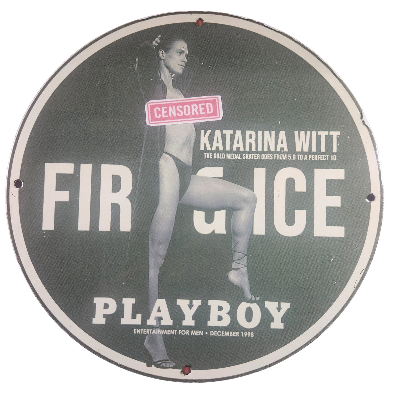 Vintage 1998 Playboy Porcelain Sign - Katarina Witt - 12-Inch Collectible: For sale is a rare and unique 12-inch vintage porcelain sign featuring the December 1998 issue of Playboy, starring the iconic Katarina Witt in the "Fire & Ice" pictorial. This collectible sign captur