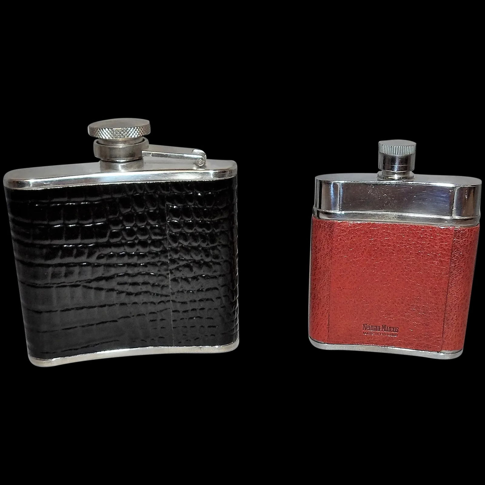 Vintage English Pocket Size 2.5 oz. Flask sold by Neiman Marcus and 4 oz. Flask – Faux (1 of 11)