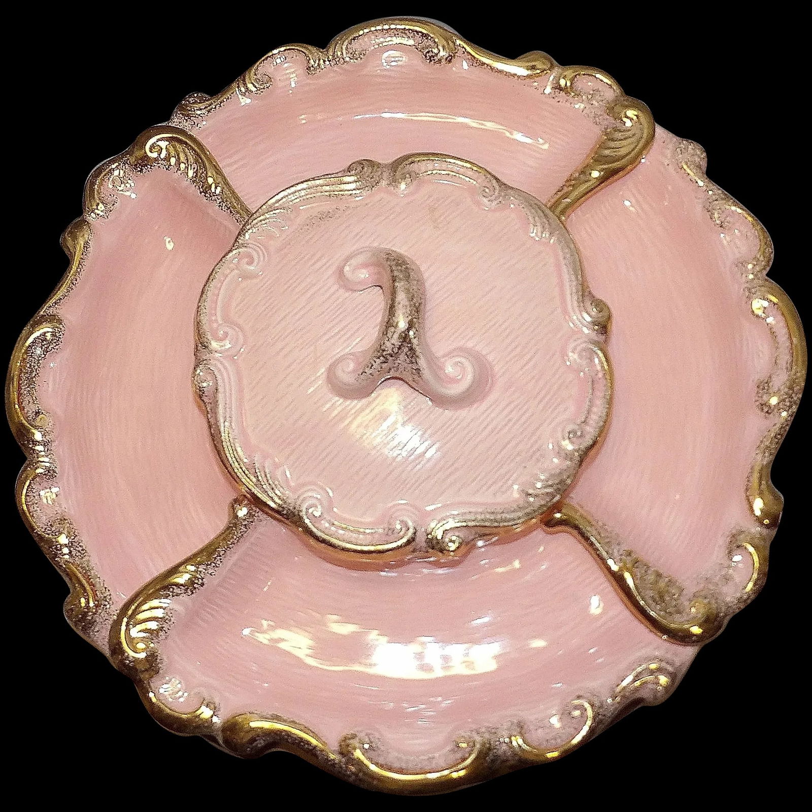 Vintage Cal Style 254USA Vintage Mid-Century Pottery -6-Piece Pink & Gold Leaf Lazy Susan (1 of 13)