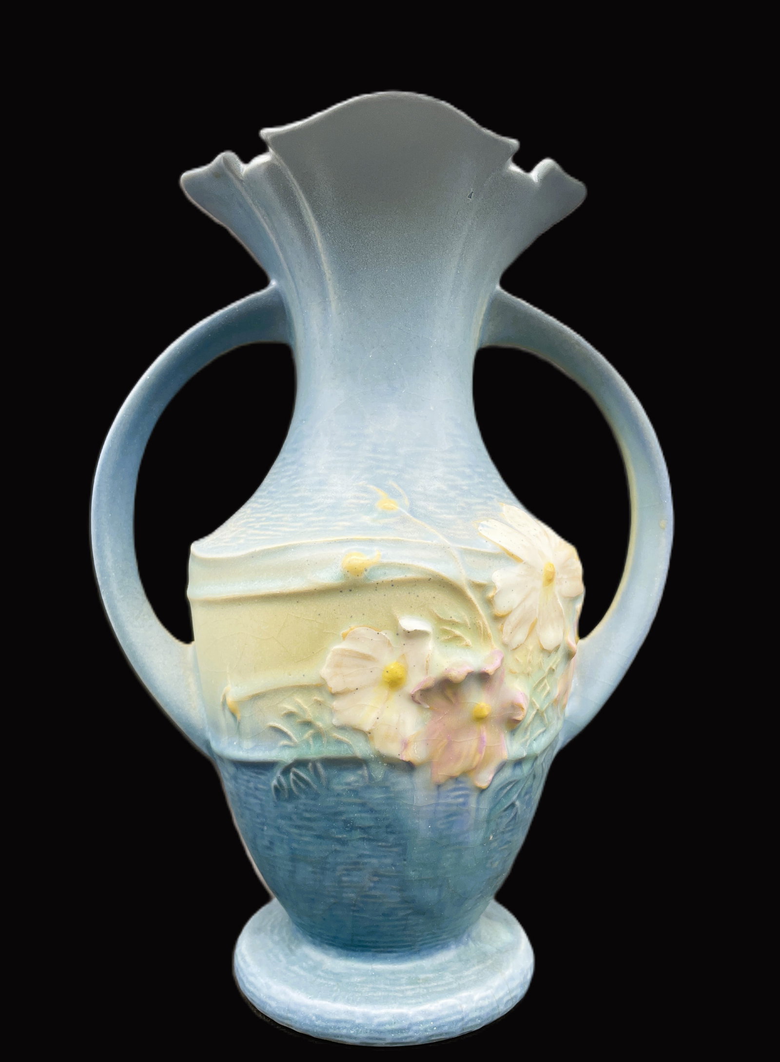 ROSEVILLE POTTERY COSMOS VASE 951-8 GREEN/BLUE: Title: ROSEVILLE POTTERY COSMOS VASE 951-8 GREEN/BLUE Date/Period: approx. 1939 Dimension: Approx. 8" x 6 x 4 Material: pottery Additional Information: This beautiful ceramic vase is a true vintage pi