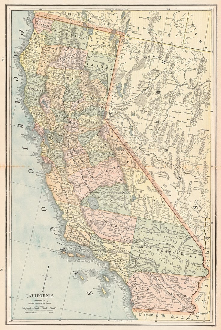 California: Publication Date: 1888 Title: California Cartographer: CRAM, GEORGE F. Publisher: GEO. F. CRAM Height: 18.5 Width: 12.25 "engraved for Gaskell's atlas of the world". Double-page (124, 125) state map s