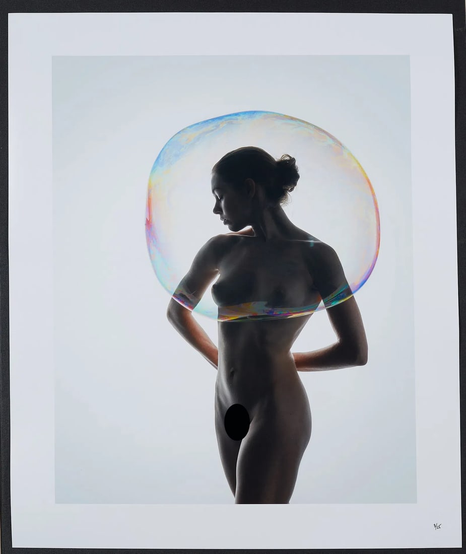 Spiros Politis(1969-): Untitled Figure with Bubble: Artist: Spiros Politis(1969-) Title: Untitled Figure with Bubbles Date: 2019 Medium: photography Dimensions: 24" x20" Description: Bubblesand a girl. All done 'in camera' in one shot. NO cgi/compositi