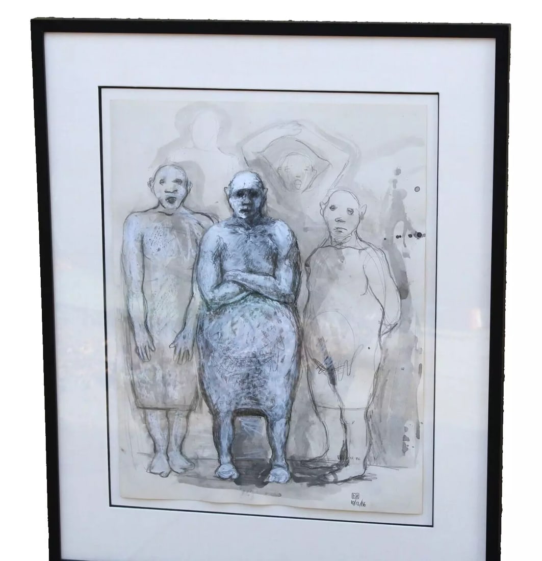 ARMANDO ROMERO Mexican Modernist Standing Figures mixed media 1986 compare $4k (1 of 6)