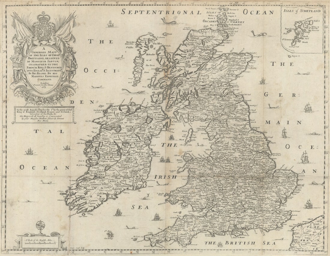A Generall Mapp of the Isles of Great Brittaine by Richard Blome 1673 old: CAPTION PRINTED BELOW PICTURE: 'A Generall Mapp of the Isles of Great Brittaine, Designed by Monsieur Sanson, Geographer to the French King & rendered into English & Illustrated by Ric. Blome by his M