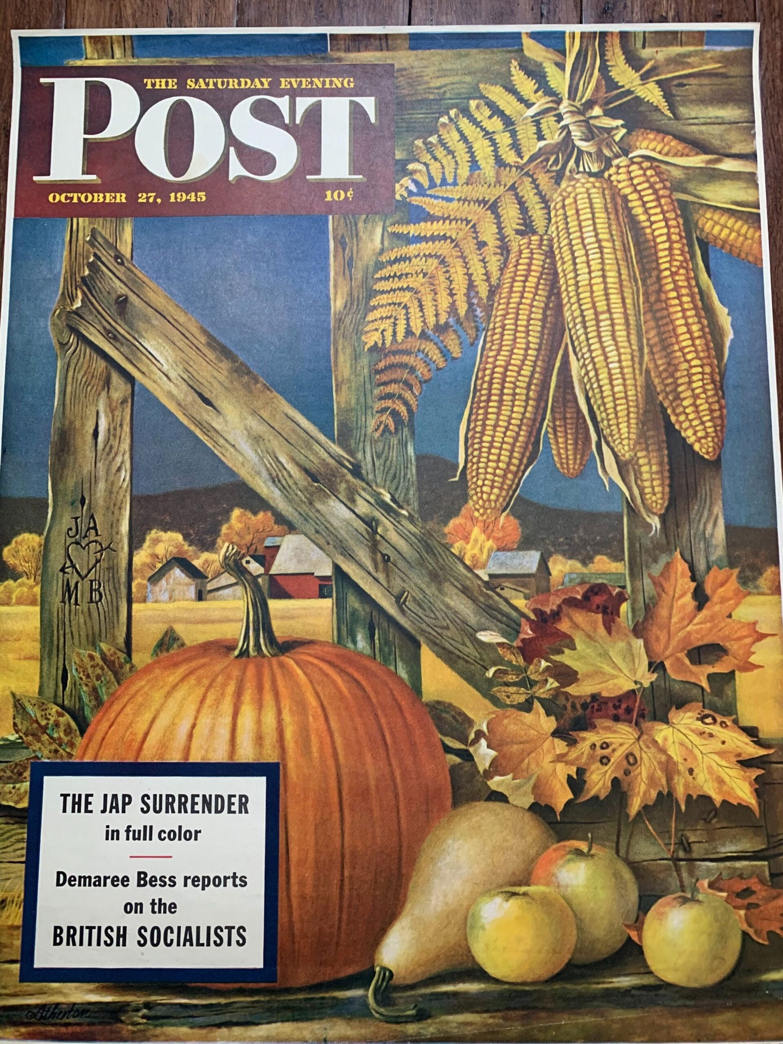 22x28 1945 Newstand Poster Saturday Evening Post - Art By John Atherton fall Harvest: 22x28 1945 Newstand Poster Saturday Evening Post - Art By John Atherton fall Harvest, Please refer to the attached photos to determine the condition of this original vintage item. Note: LB means Linen