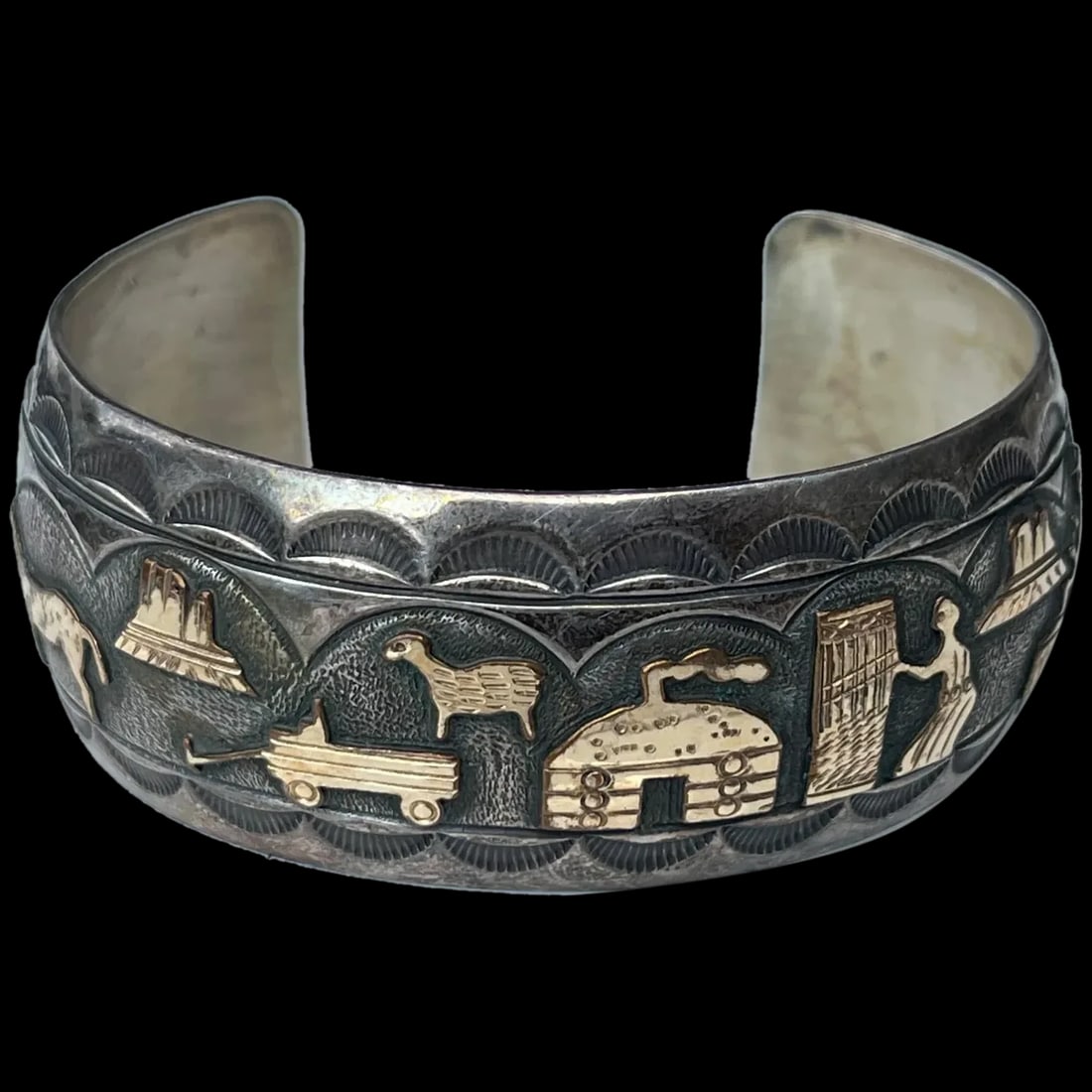 Estate Navajo Signed Storyteller Bracelet in Sterling silver and 12k Gold Fill (1 of 9)