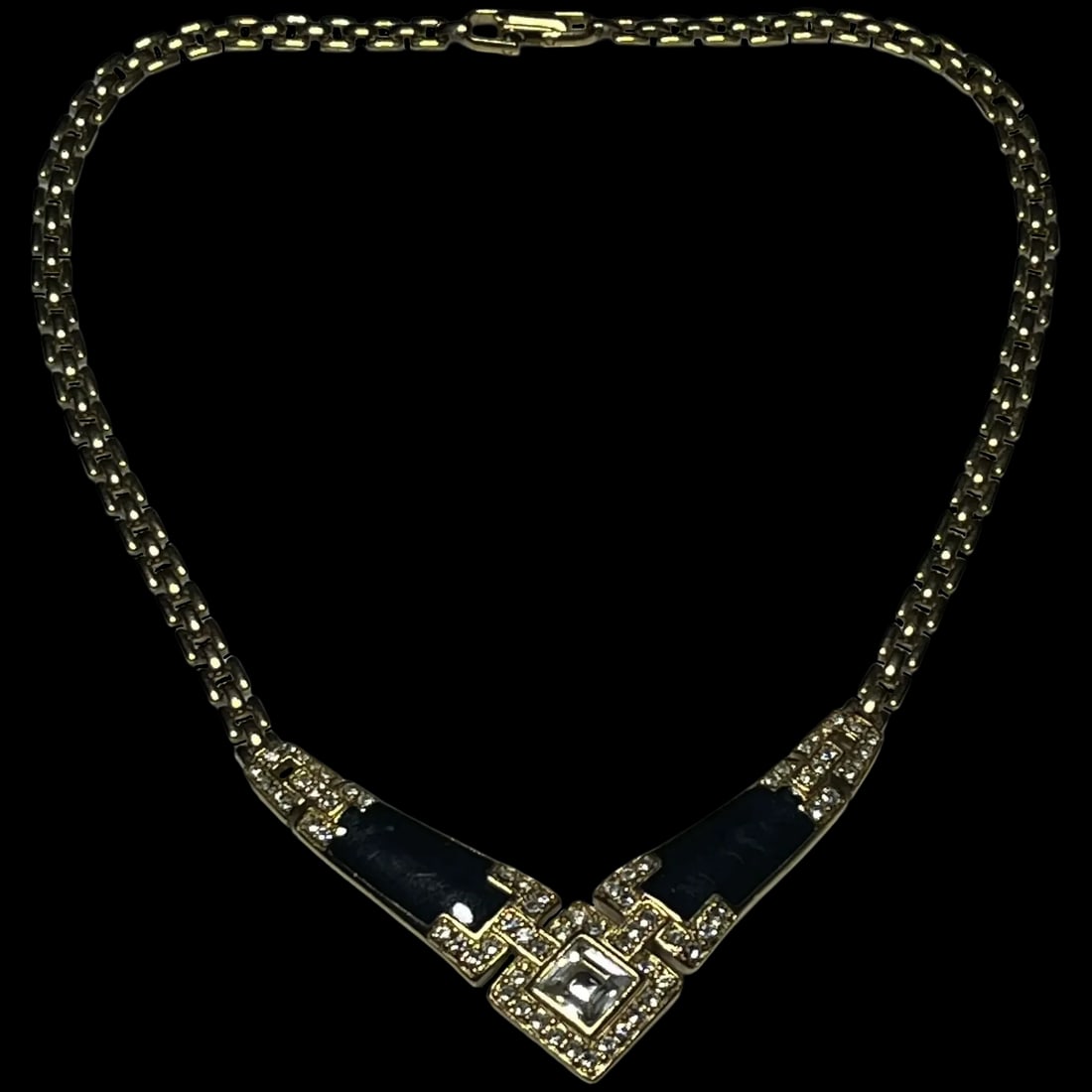 Vintage Trifari TM Black Enamel and Rhinestone Royal Statement Necklace (1 of 9)