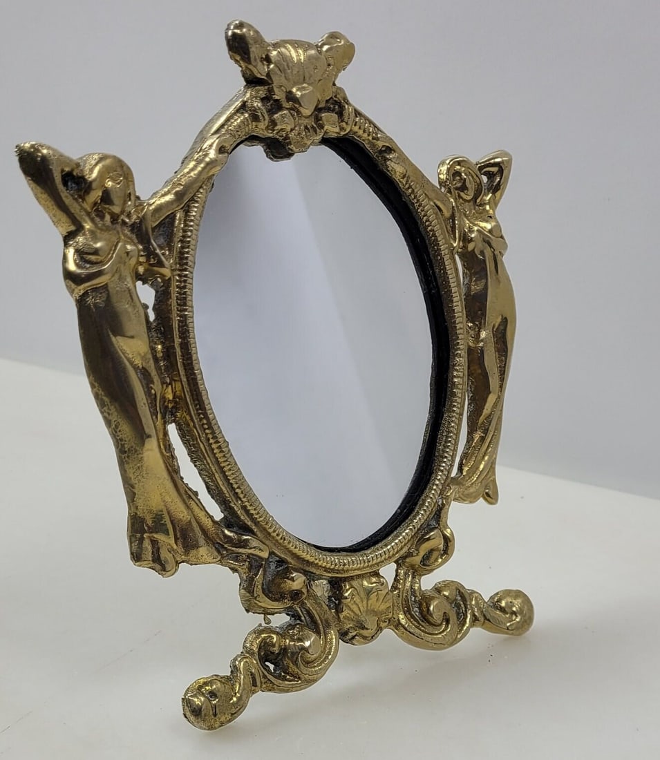 Vintage Gold Brass Framed Mirror Lady Art Deco Nouveau Easel Table Vanity (1 of 6)