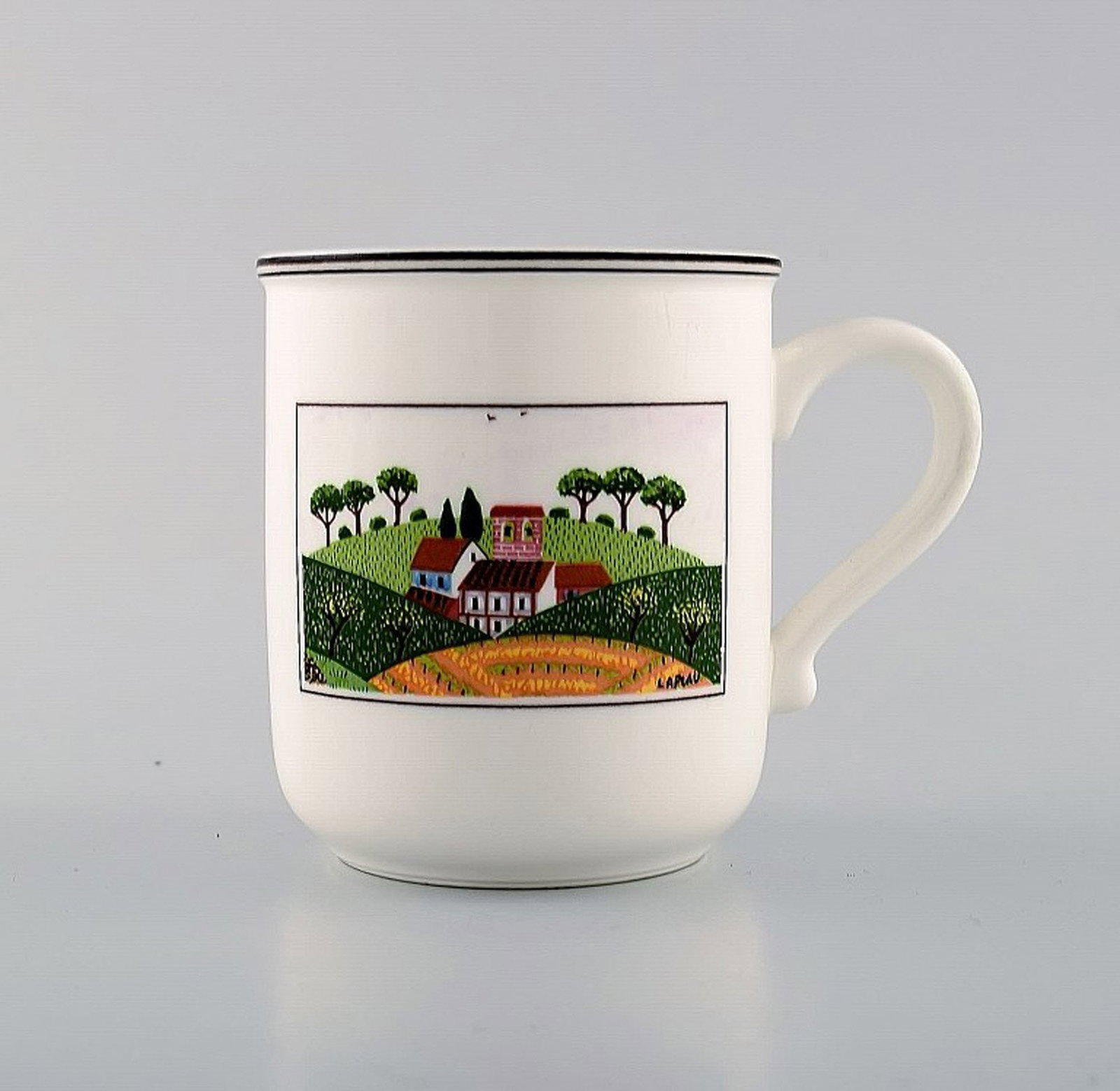 Villeroy & Boch Naif porcelain cup decorated with naivist village motif.: Villeroy & Boch Naif porcelain cup decorated with naivist village motif. In very good condition. Stamped. Measures: 9.3 x 8 cm. Designed by Gérard Laplau. Motives of families, villages and biblic