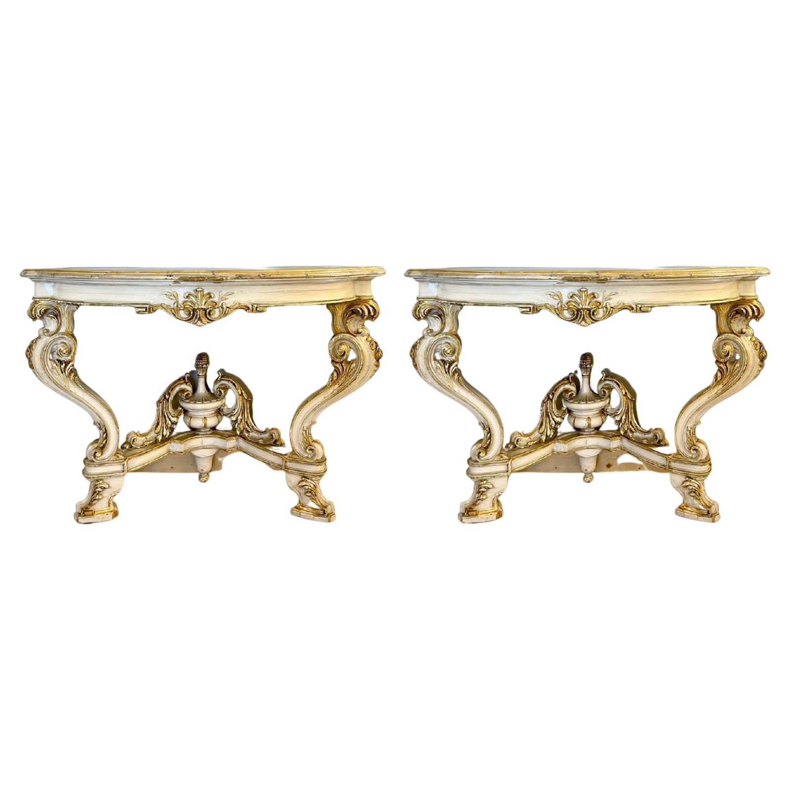 Pair of Italian Parcel Paint and Gilt Decorated Faux Marble-Top Console Tables: About the Item A pair of Italian parcel wonderfully paint and gilt decorated demilune faux marble-top console or sofa tables, late 19th or early 20th century these finely carved cabriole leg freestand