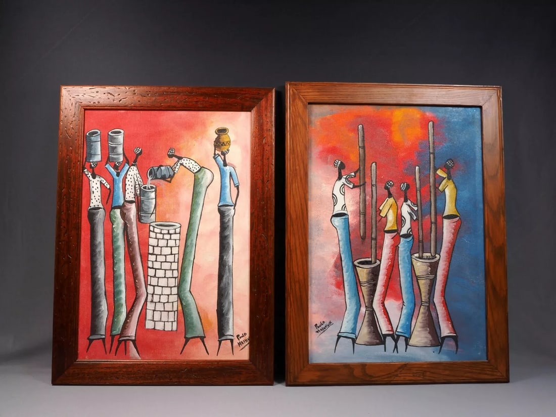 Set of 2 Signed Paulo Massingui Original Painting African Girls Baskets Canvas (1 of 8)