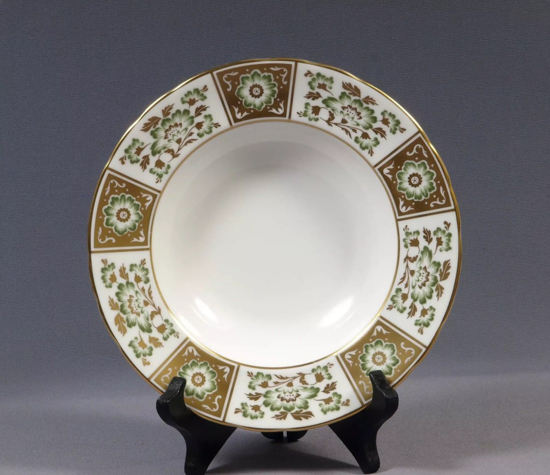 Royal Crown Derby DERBY PANEL Green Rimmed Soup Plate Bowl England (1 of 4)