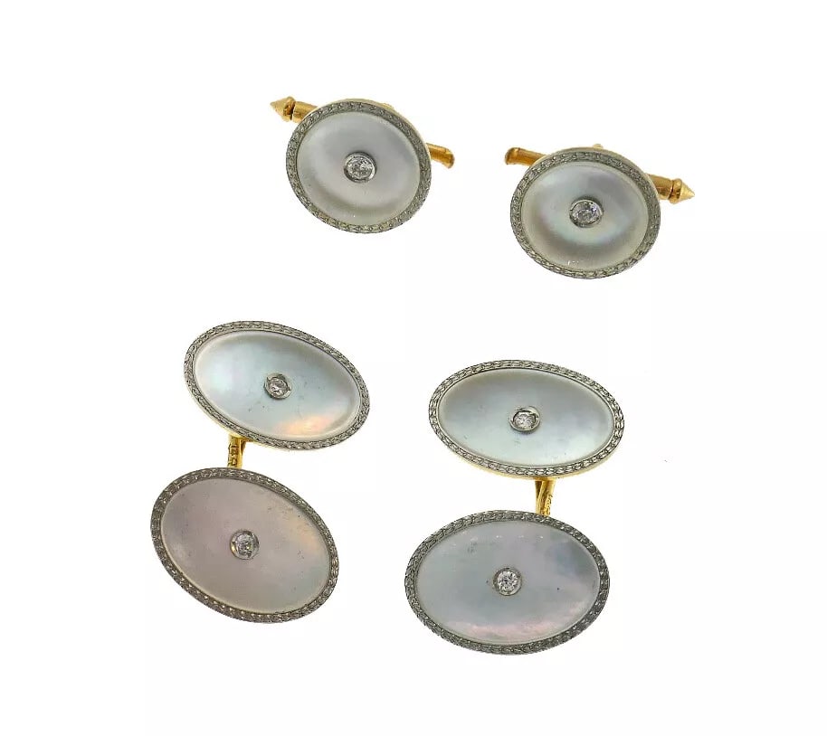 Victorian Art Deco Yellow Gold CUFFLINK STUD SET Diamond Mother-of-Pearl (1 of 7)