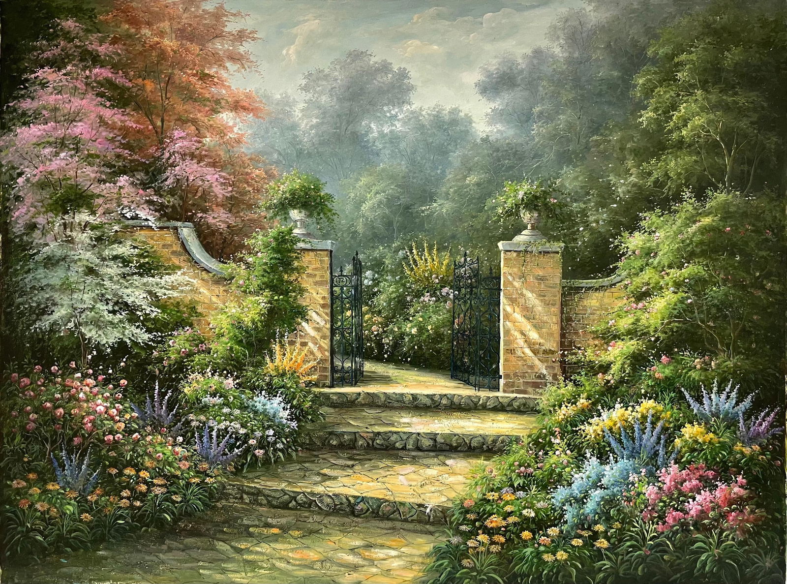 Huge Impressionist Oil Painting Country Garden With Gates Abundant