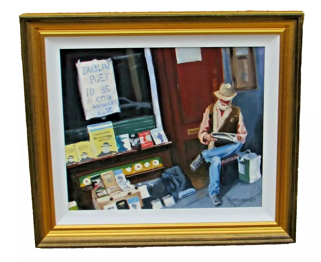 DAVID McELHINNEY Irish Book Stand Dublin Poet oil painting (1 of 6)