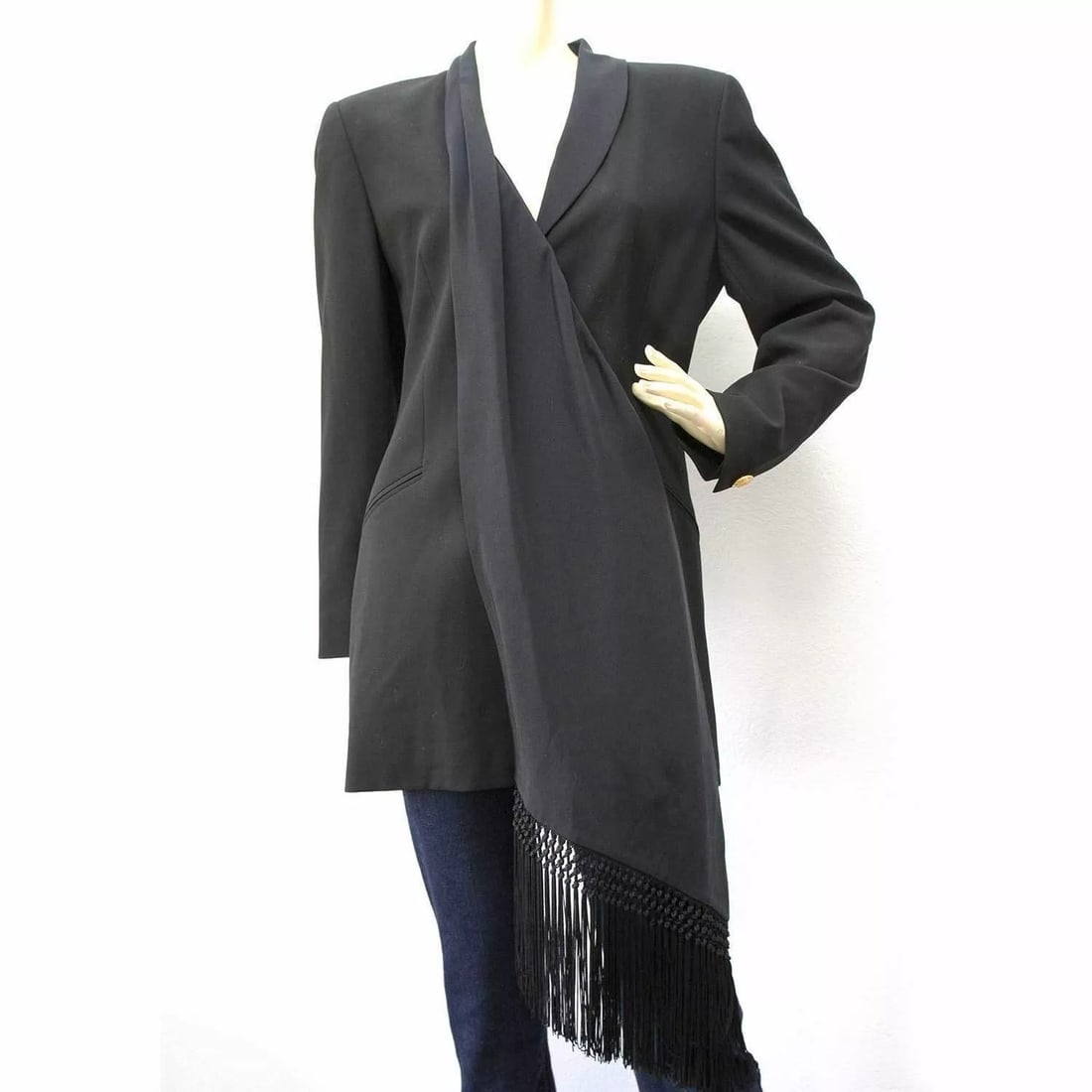 BNWT - Authentic Escada Couture Silk Scarf Maxi Wool Jacket -sz 36: BNWT - Authentic Escada Couture Silk Scarf Maxi Wool Jacket -sz 36 Stunning one button blazer made from lightweight wool and silk. This tailored jacket features a pure silk single scarf panel featurin