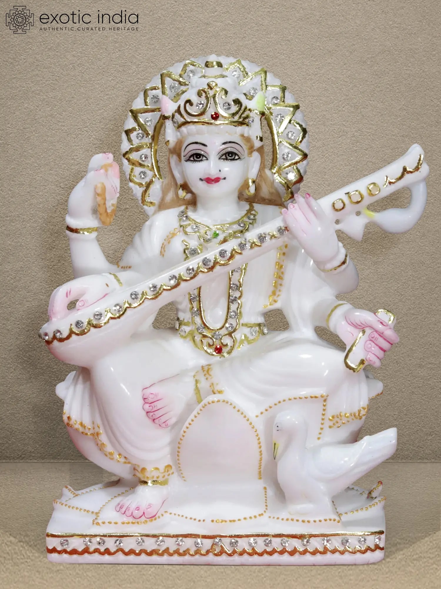 9" Statue Of Goddess Saraswati Holding Sitar | Super White Makrana Marble Statue: Title: 9" Statue Of Goddess Saraswati Holding Sitar | Super White Makrana Marble Statue Description: Super White Makrana Marble Height: 9 inch Width: 6 inch Depth: 3 inch Weight: 3 kg Reserve: $1,026.