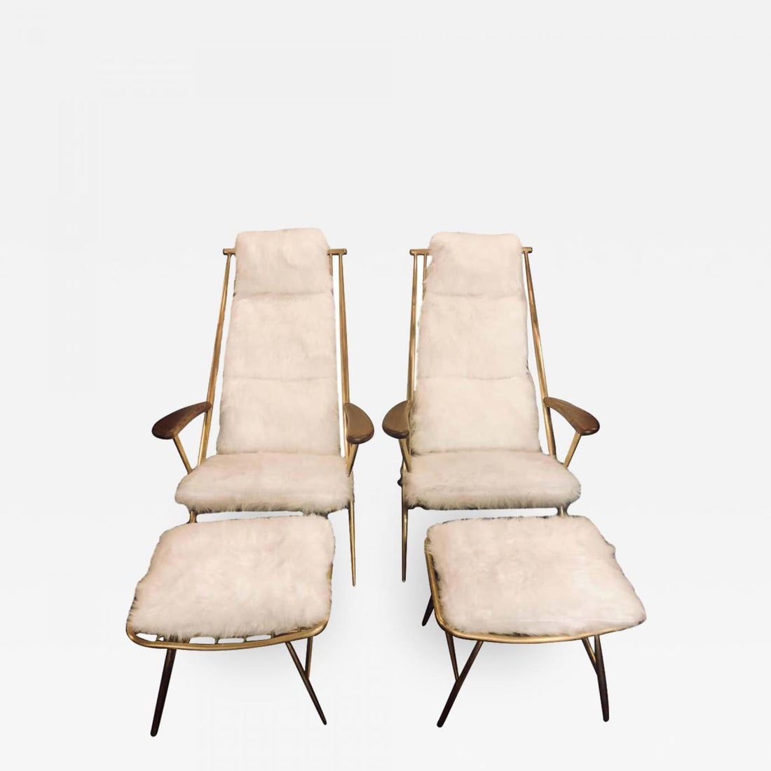 Pair of Hollywood Regency Style Fur Lounge or Chaise Chairs and Ottomans: Title: Pair of Hollywood Regency Style Fur Lounge or Chaise Chairs and Ottomans Description: Pair of Hollywood Regency style fur lounge chairs each having a matching ottoman. The pair made of a gilt m