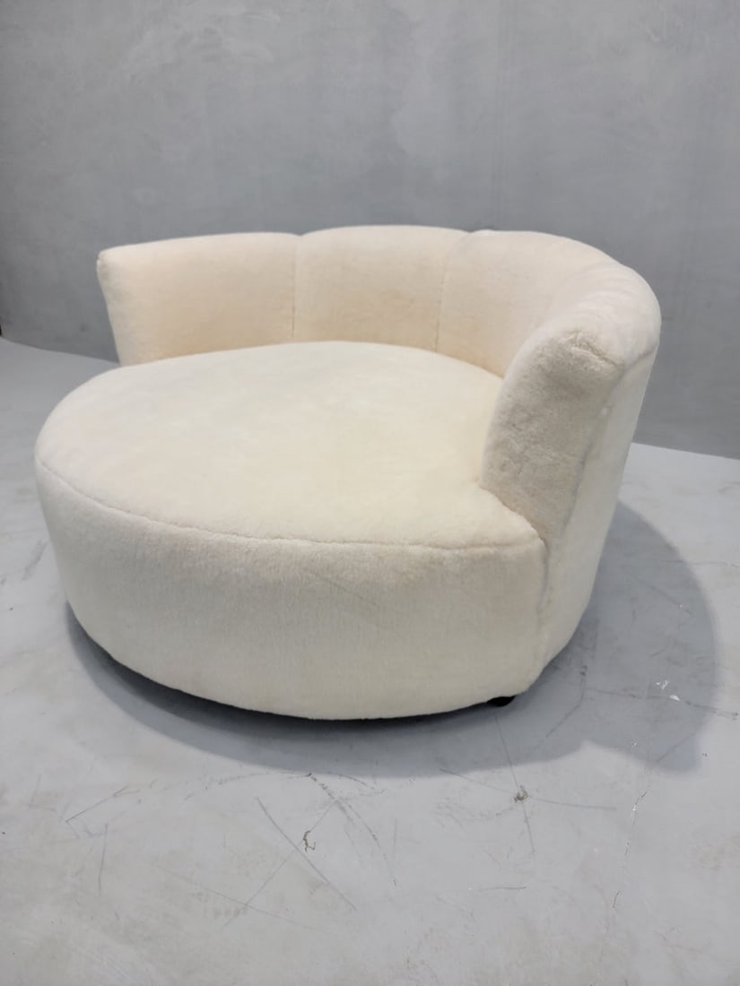 Mid Century Modern Milo Baughman Style Swivel Love Lounge Newly Upholstered: Mid Century Modern Milo Baughman Style Swivel Love Lounge Newly Upholstered in a High End Natural Shearling "Polar Bear" We just reupholstered this iconic swivel love seat with triple thick sheep's wo