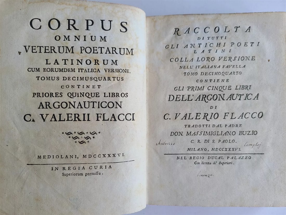 1736 ARGONAUTICA LATIN POETRY in ITALIAN antique by C. VALERII FLACCI: CORPUS OMNIUM VETERUM POETARUM LATINORUM ARGONAUTICON by C. Valerii Flacci Milano; 1736 1/4 vellum over marbled boards with manuscript title to the spine Size 6 1/2 by 8 3/4" 18 lvs., 343 pp. Some wea