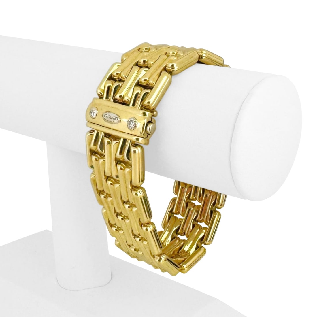 Chimento 18k Yellow Gold 68.9g Thick Wide 25mm Fancy Link Bracelet Italy 7.75": Details Condition: Excellent Condition, Professionally Cleaned and Polished Metal: 18k Gold (Marked, and Professionally Tested Weight: 68.9g Length: 7.75 Inches Width: 25mm Closure: Box Tab Insert wit