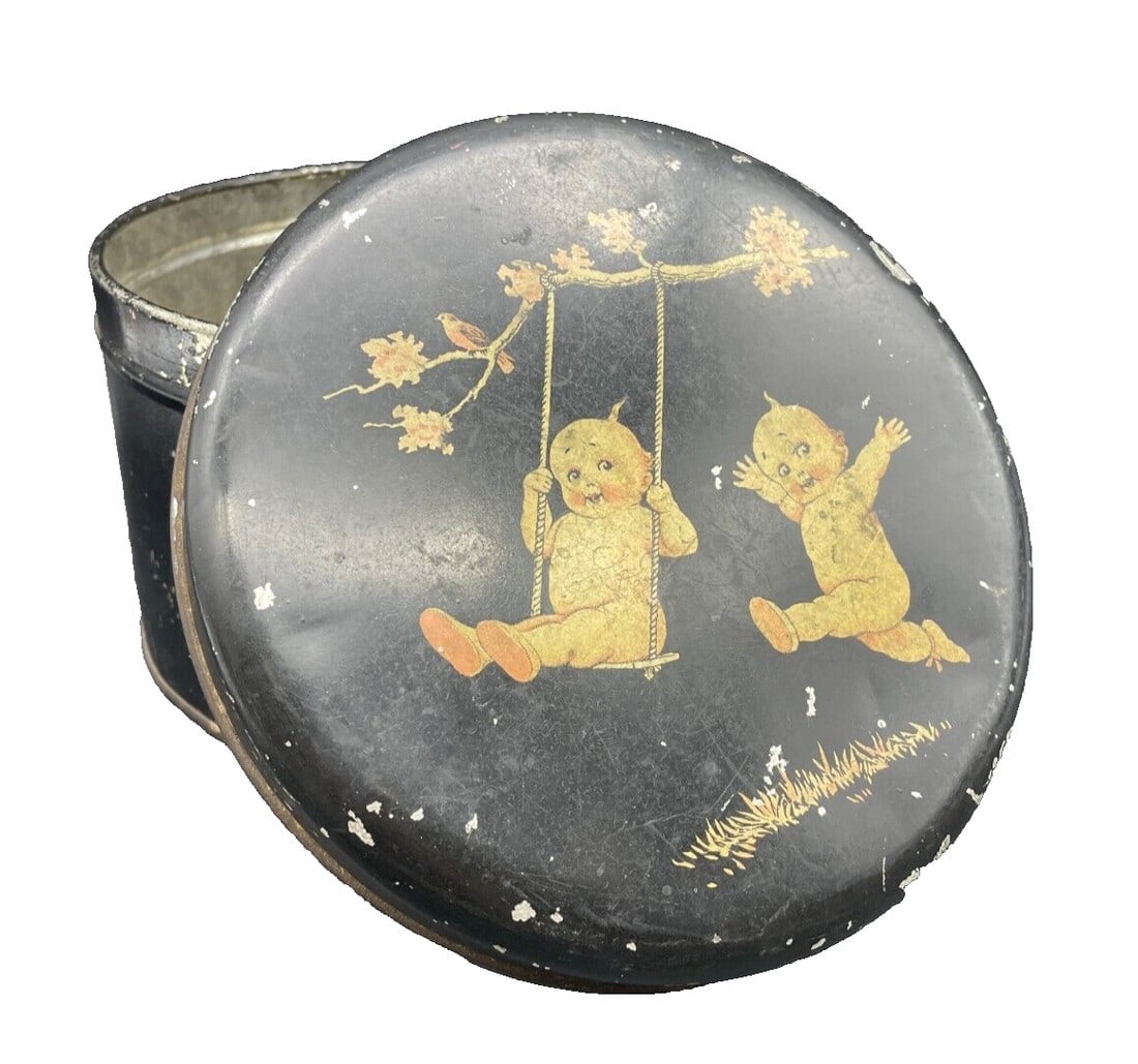 Antique 1920's Rose O'Neill KEWPIE DOLL Advertising Tin 6" diameter (1 of 8)