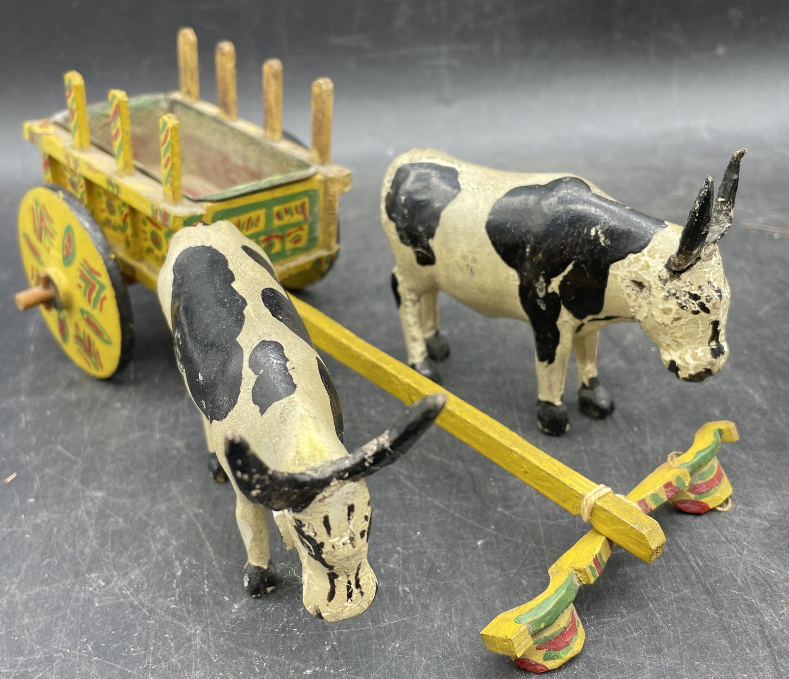 Folk Art Copper Lined Double Ox Wagon: Title: Folk Art Copper Lined Double Ox Wagon Date/Period: unknown Dimension: Approx 8 x 3.5 x 2.5 Material: mixed materials Additional Information: Folk Art Copper Lined Double Ox Wagon Shipping: Dome