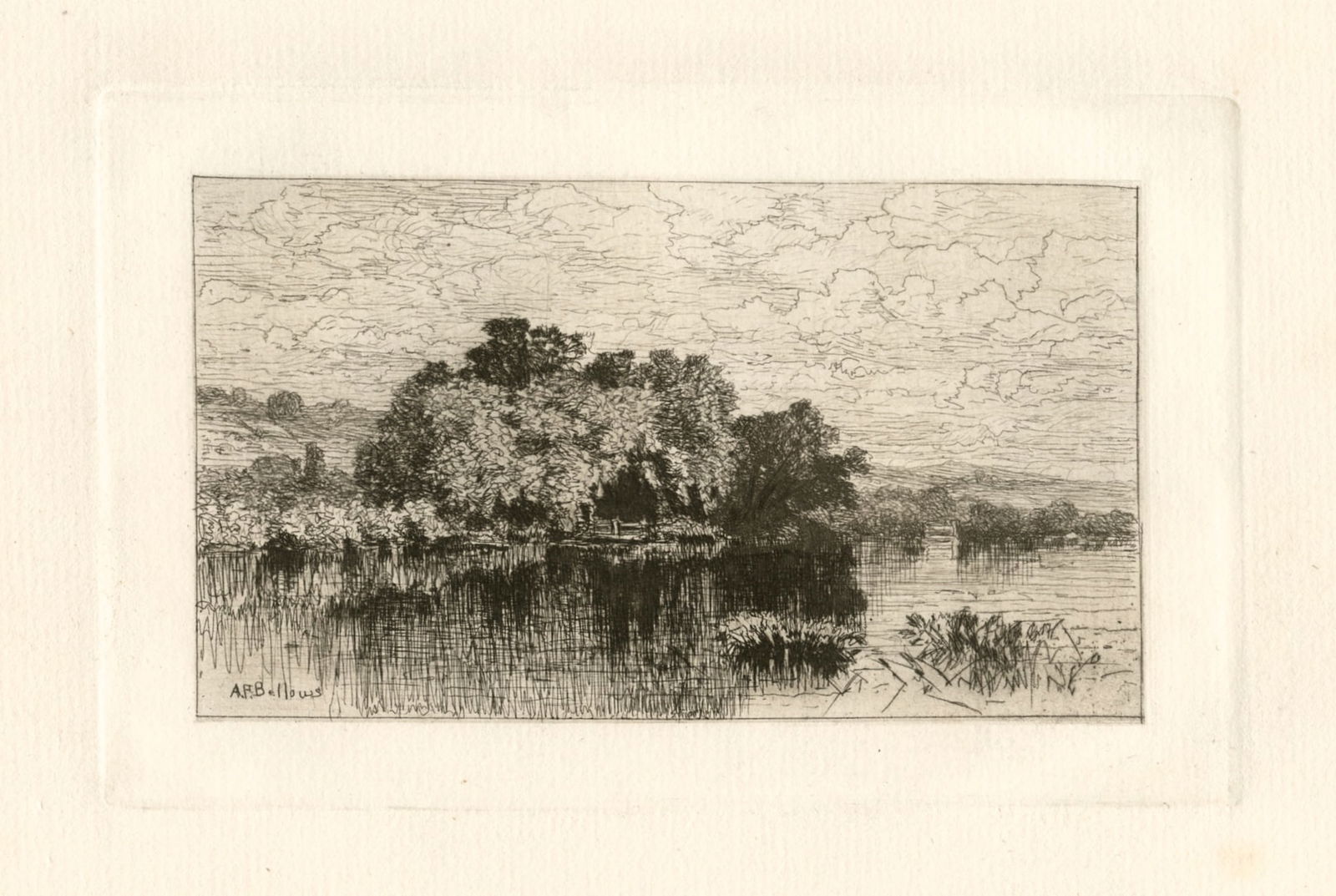 Albert Fitch Bellows original etching "Mill Pond At Windsor, Connecticut": Medium: original etching. This impression on laid paper was printed in 1883 and published in Boston by Estes and Lauriat. This composition is also called "July". Plate size: 4 1/4 x 6 7/8 inches (110