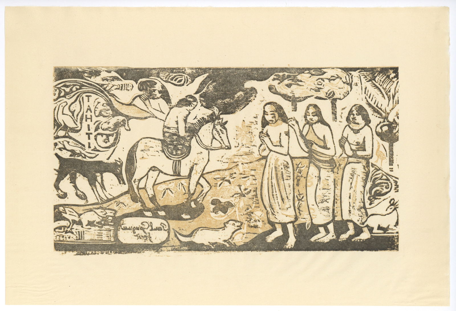 Paul Gauguin "Changement de residence": The English title is "Changing Residence". This impression (after the original woodcut) was printed on japon paper in 1943 in an edition of 250, and is one of Gauguin's beautiful Tahiti compositions.