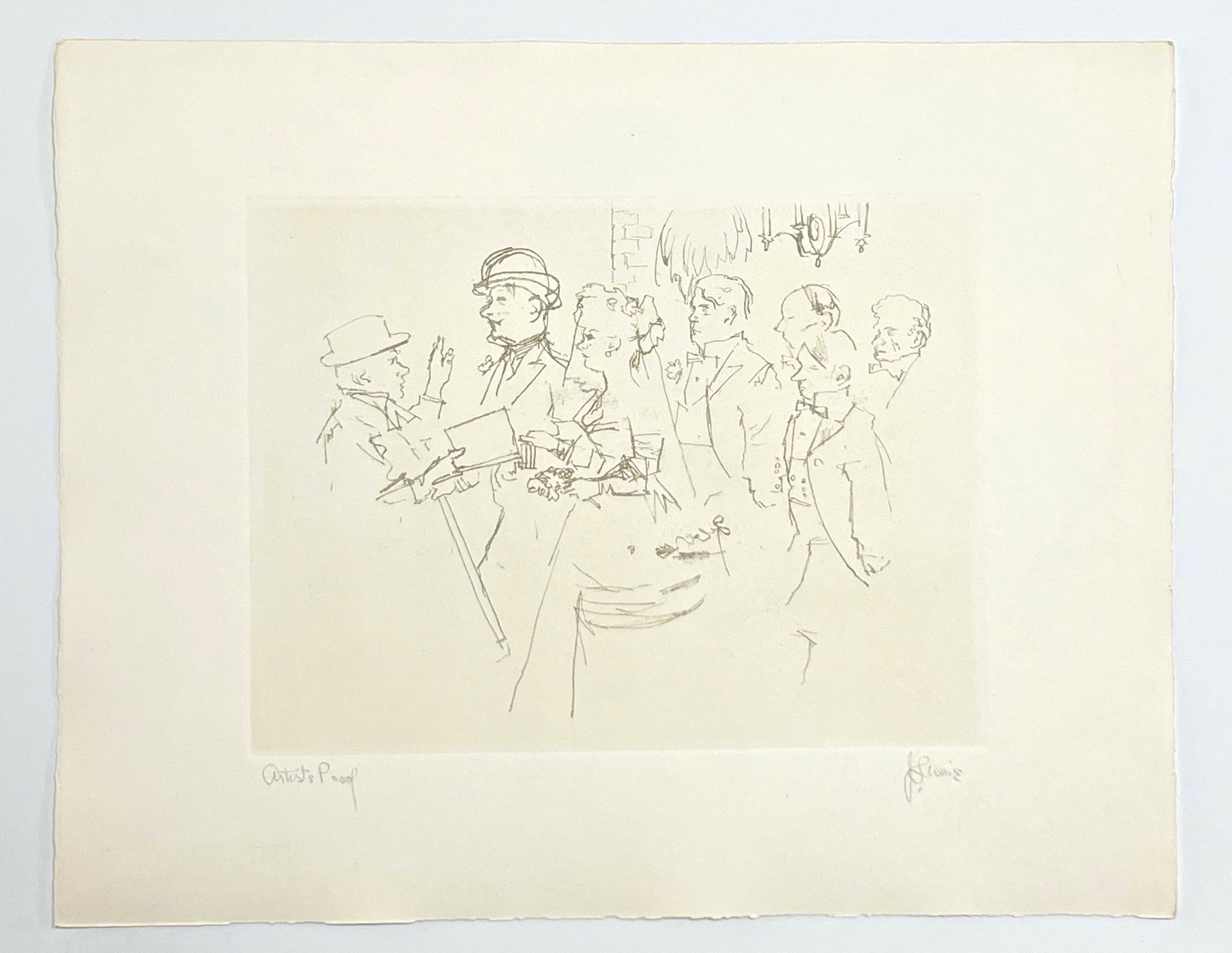 Jack Levine signed original etching "The Wedding": Medium: original soft ground etching. Signed in pencil and annotated "Artist's Proof". Printed in 1967 for the Dreigroschen Film portfolio and published by Touchstone Publishers. This is one of 10 art
