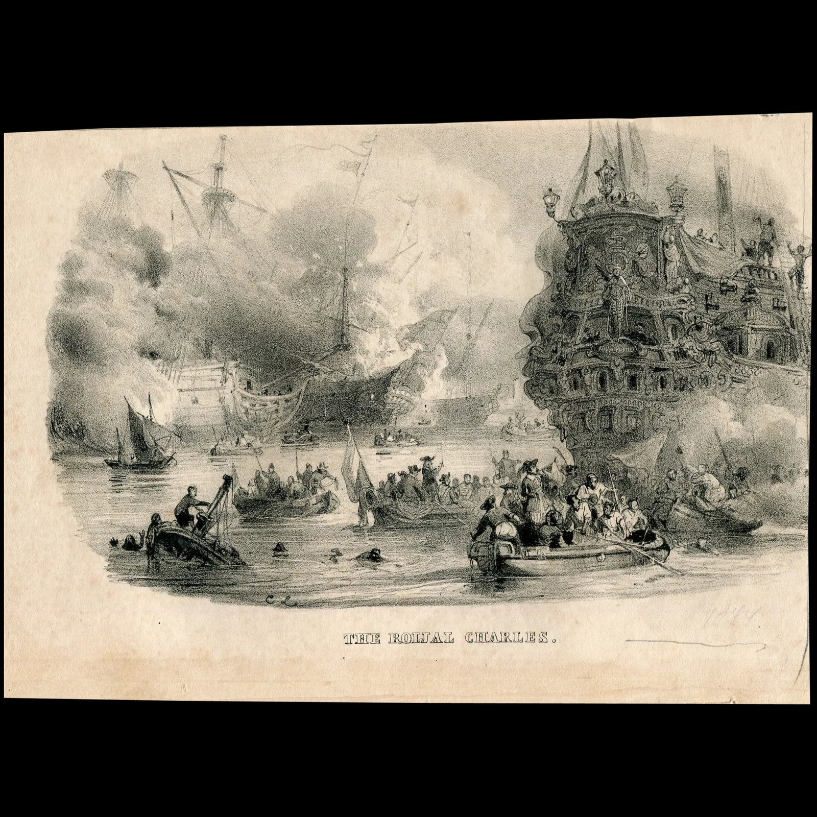 Dutch attack on the Medway: the 'Royal Charles' carried into Dutch Waters, 12 June 1667: Dutch attack on the Medway: the 'Royal Charles' carried into Dutch Waters, 12 June 1667 Lithography. Size: 21x14,5 cms. Condition: good. Background: Royal Charles was an 80-gun first-rate three-decker